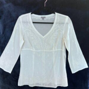 Ann Taylor Womens Top Size 4 Cream Boho Embroidered Semi Sheer V-Neck 3/4 Sleeve